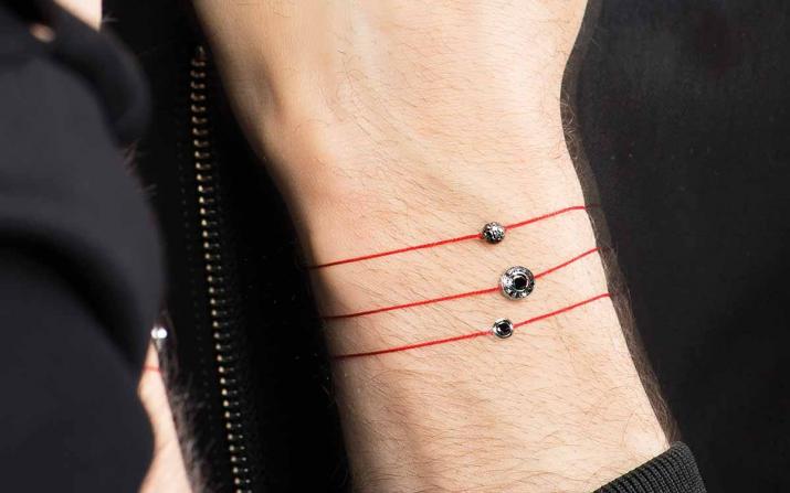 String Bracelet For Men with 0.269ct Round Black Diamond in Rose Gold Bezel Setting - Redline - 0++