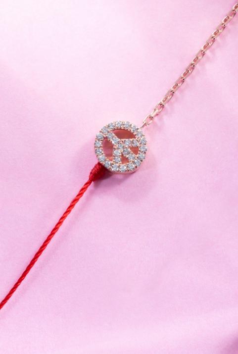 Diamond-paved Mini Peace string and chain bracelet in rose gold - Redline - 0++