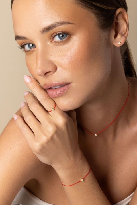 String Necklace For Women with 0.10ct Round Diamond in Yellow Gold Bezel Setting - Redline - 0++