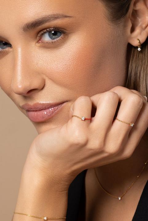 String Ring with 0.11ct Princess Diamond in Yellow Gold Prong Setting - Redline - 0++