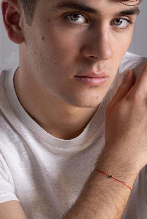 String Bracelet For Men with 0.05ct Round Black Diamond in Black Gold Cluster Setting - Redline - 0++