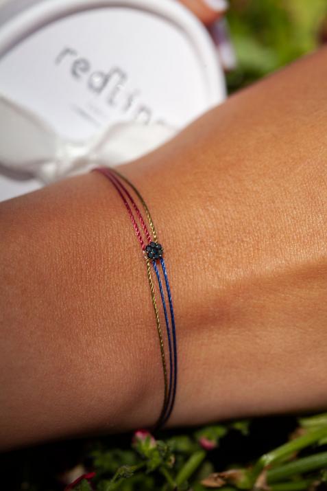 Multistring Bracelet For Women with 0.05ct Black Diamond in Black Gold Cluster Setting - Redline - 0++