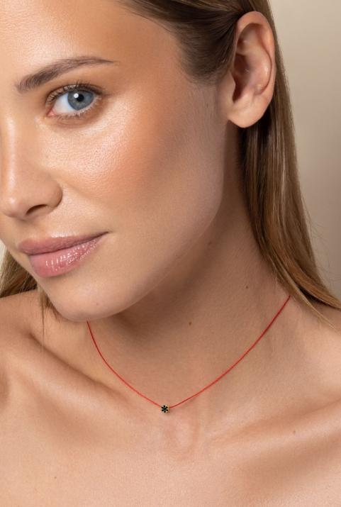 String Necklace For Women with 0.05ct Round Black Diamond in Yellow Gold Cluster Setting - Redline - 0++