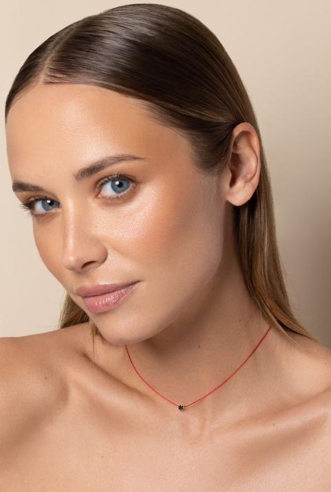 String Necklace For Women with 0.05ct Round Black Diamond in Yellow Gold Cluster Setting - Redline - 0++