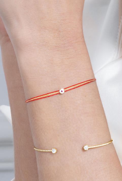 String Bracelet For Women with 0.05ct Round Diamond and Rose Sapphire in Yellow Gold Cluster Setting - Redline - 0++
