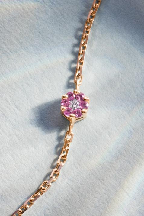 Chain Bracelet For Women with 0.01ct Round Diamond and Rose Sapphire in Rose Gold Cluster Setting - Redline - 0++