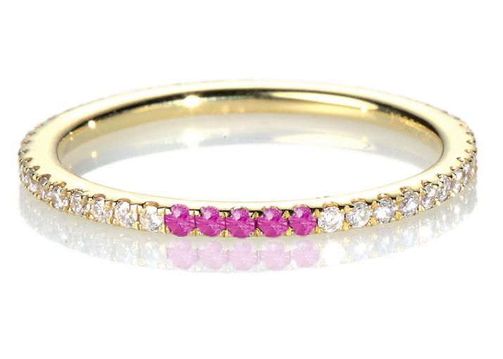Bangle Ring with 0.30ct Round Diamond and 5 Rubis in Yellow Gold Prong Setting - Redline - 0++