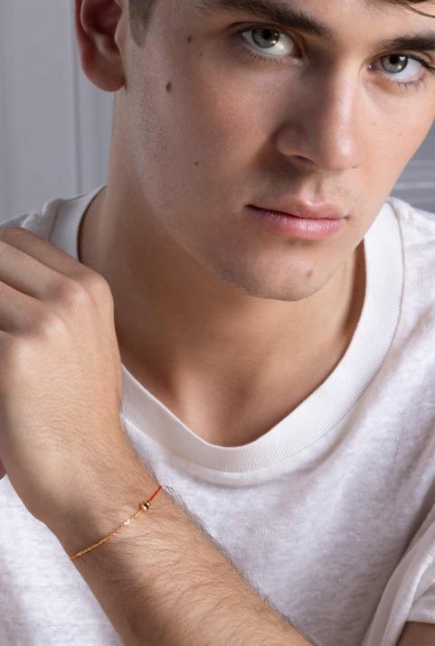 String Bracelet For Men with 0.15ct Round Black Diamond in Rose Gold Bezel Setting - Redline - 0++