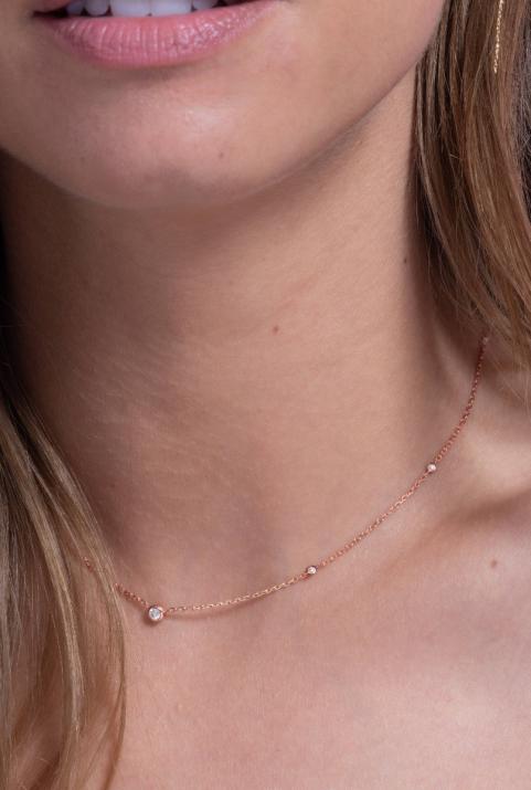Chain Necklace For Women with 0.14ct Round Diamond in Rose Gold Bezel Setting - Redline - 0++