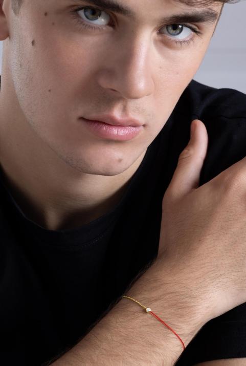 String Bracelet For Men with 0.10ct Round Diamond in Yellow Gold Bezel Setting - Redline - 0++