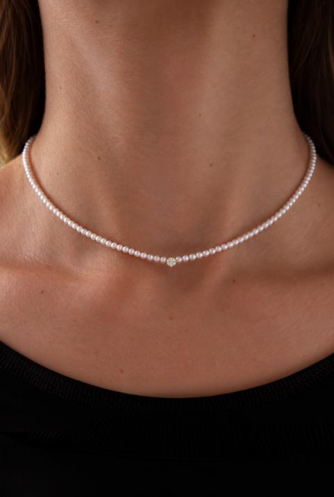 String Necklace For Women with 0.05ct Round Diamond in Yellow Gold Cluster Setting - Redline - 0++