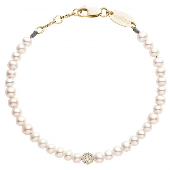 String Pearl Bracelet For Women with 0.19ct Round Diamond in Yellow Gold Prong Setting - Redline - 0++