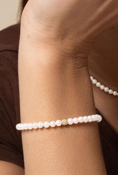 String Pearl Bracelet For Women with 0.19ct Round Diamond in Yellow Gold Prong Setting - Redline - 0++