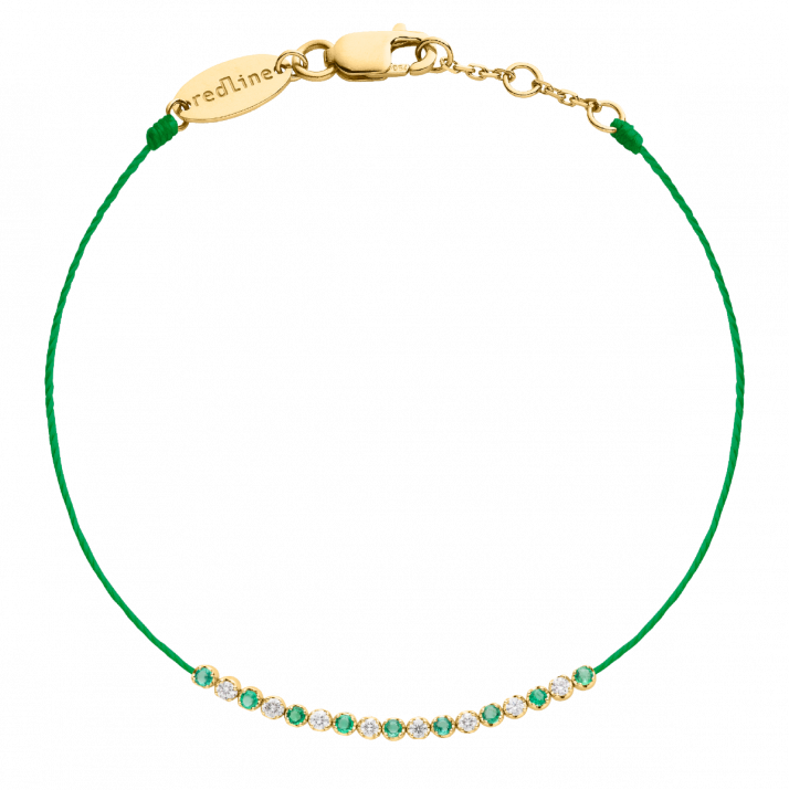 String Bracelet For Women with 0.12ct Round Diamond and Emeraldin Yellow Gold Prong Setting - Redline - 0++
