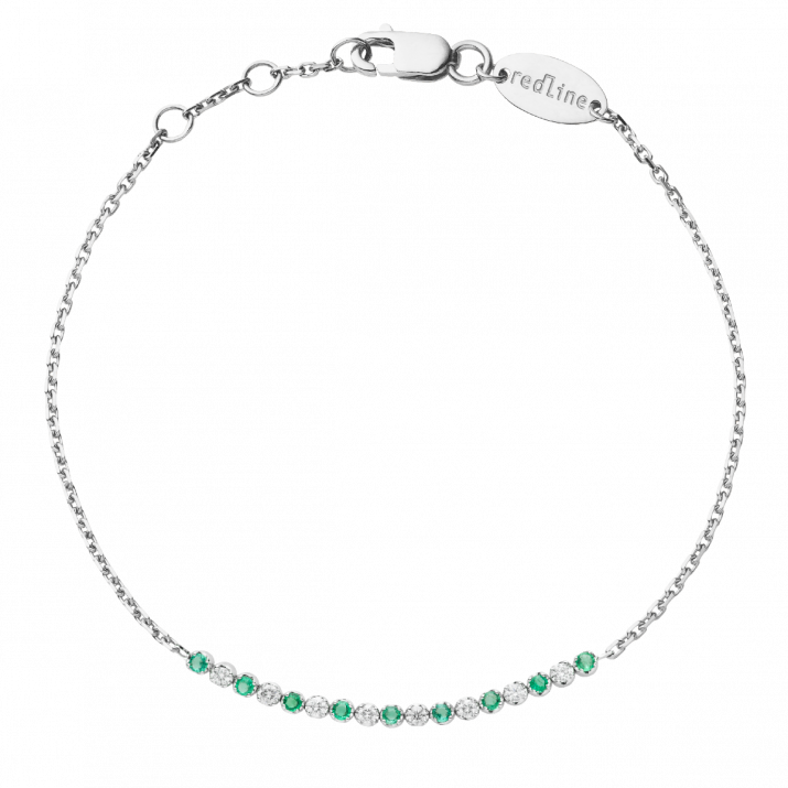 Chain Bracelet For Women with 0.12ct Round Diamond and Emeraldin White Gold Prong Setting - Redline - 0++