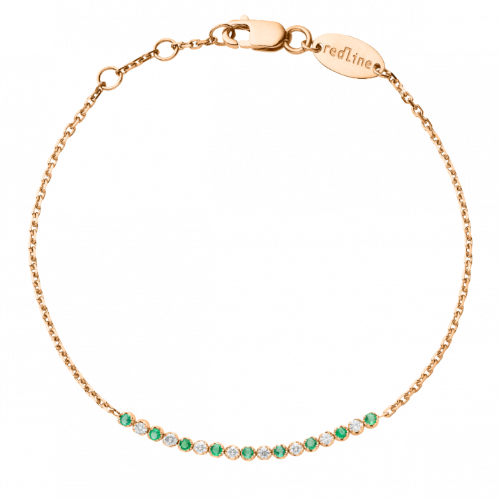 Chain Bracelet For Women with 0.12ct Round Diamond and Emeraldin Rose Gold Prong Setting - Redline - 0++