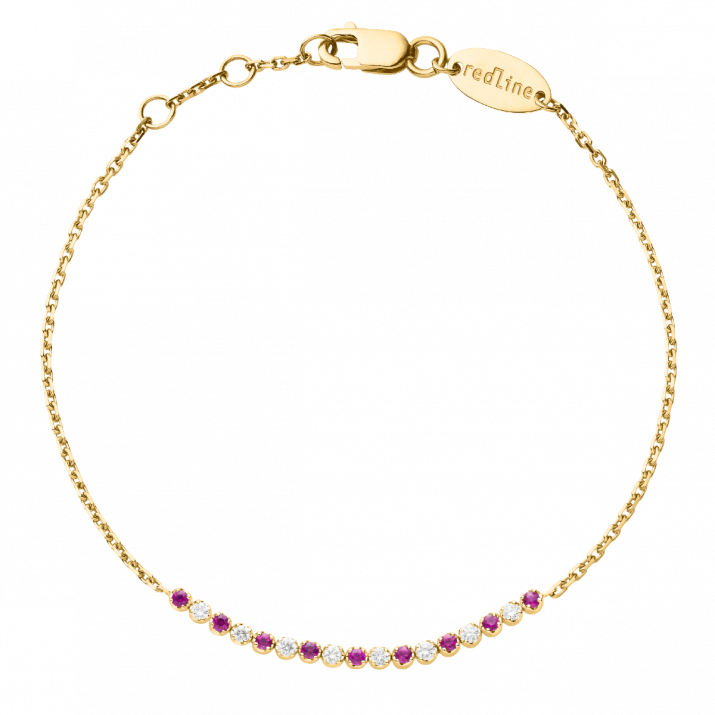Chain Bracelet For Women with 0.16ct Round Diamond and Rubis in Yellow Gold Prong Setting - Redline - 0++