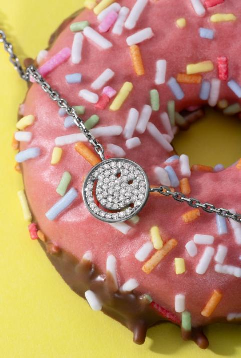 Black gold chain bracelet with diamond-paved smiley - Redline - 0++