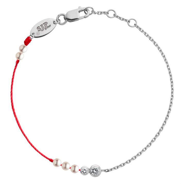 String-Chain Bracelet For Women with 0.155ct Round Diamond Pearl in White Gold Bezel Setting - Redline - 0++