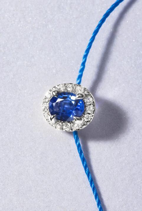 String Bracelet For Women with 0.06ct Oval Diamond and Sapphire in White Gold Prong Setting - Redline - 0++