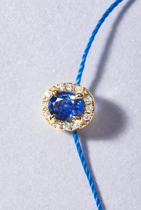 String Bracelet For Women with 0.06ct Oval Diamond and Sapphire in Yellow Gold Prong Setting - Redline - 0++