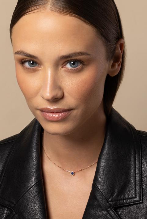 Chain Necklace For Women with 0.06ct Oval Diamond and Sapphire in Rose Gold Prong Setting - Redline - 0++
