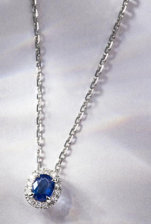 Chain Necklace For Women with 0.06ct Oval Diamond and Sapphire in White Gold Prong Setting - Redline - 0++