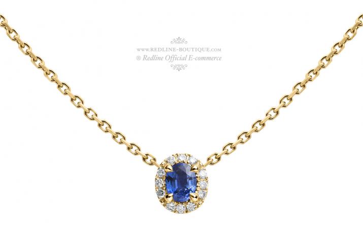 Chain Necklace For Women with 0.06ct Oval Diamond and Sapphire in Yellow Gold Prong Setting - Redline - 0++