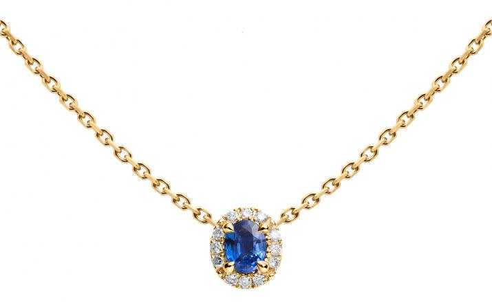 Chain Necklace For Women with 0.06ct Oval Diamond and Sapphire in Yellow Gold Prong Setting - Redline - 0++