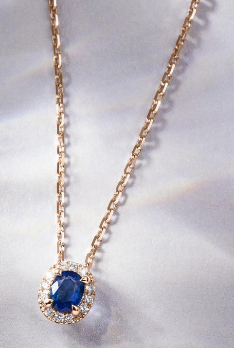 Chain Necklace For Women with 0.06ct Oval Diamond and Sapphire in Rose Gold Prong Setting - Redline - 0++
