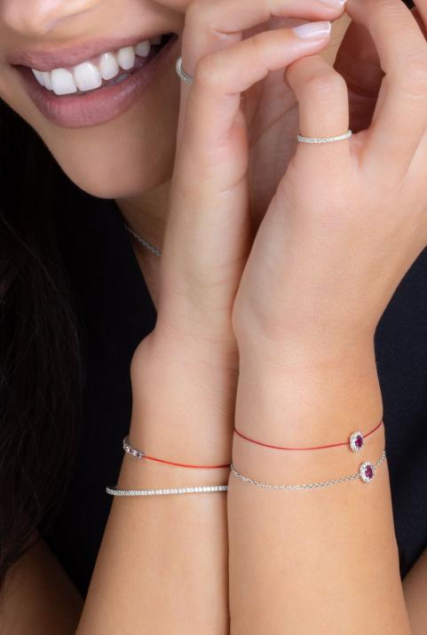 String Bracelet For Women with 0.06ct Oval Diamond and Rubis in White Gold Prong Setting - Redline - 0++