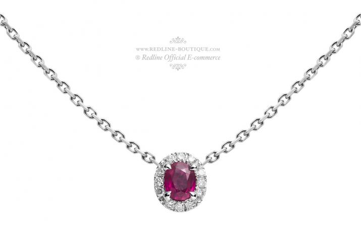 Chain Necklace For Women with 0.06ct Oval Diamond and Rubis in White Gold Prong Setting - Redline - 0++