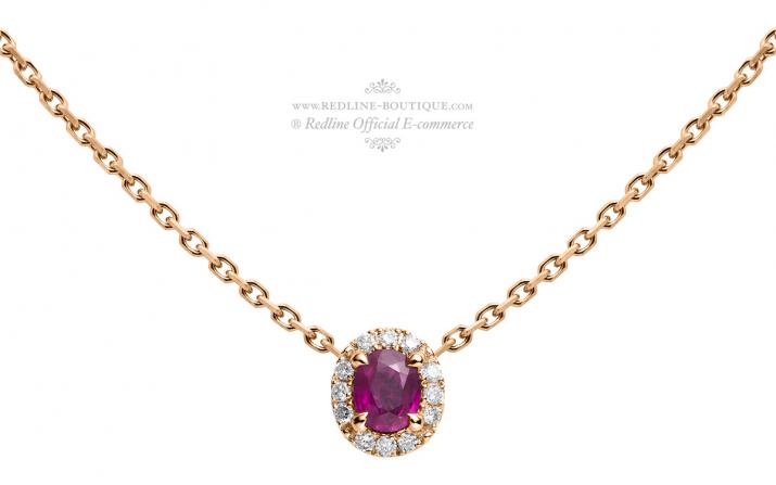 Chain Necklace For Women with 0.06ct Oval Diamond and Rubis in Rose Gold Prong Setting - Redline - 0++
