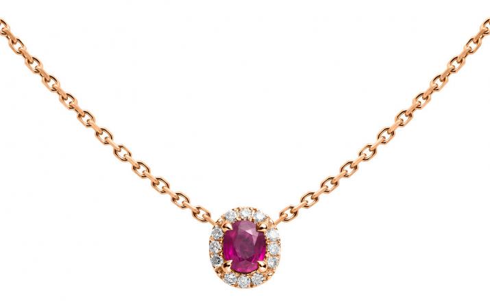 Chain Necklace For Women with 0.06ct Oval Diamond and Rubis in Rose Gold Prong Setting - Redline - 0++