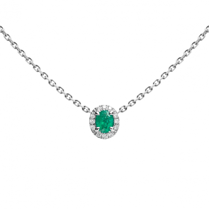 Chain Necklace For Women with 0.07ct Oval Diamond and Emeraldin White Gold Prong Setting - Redline - 0++