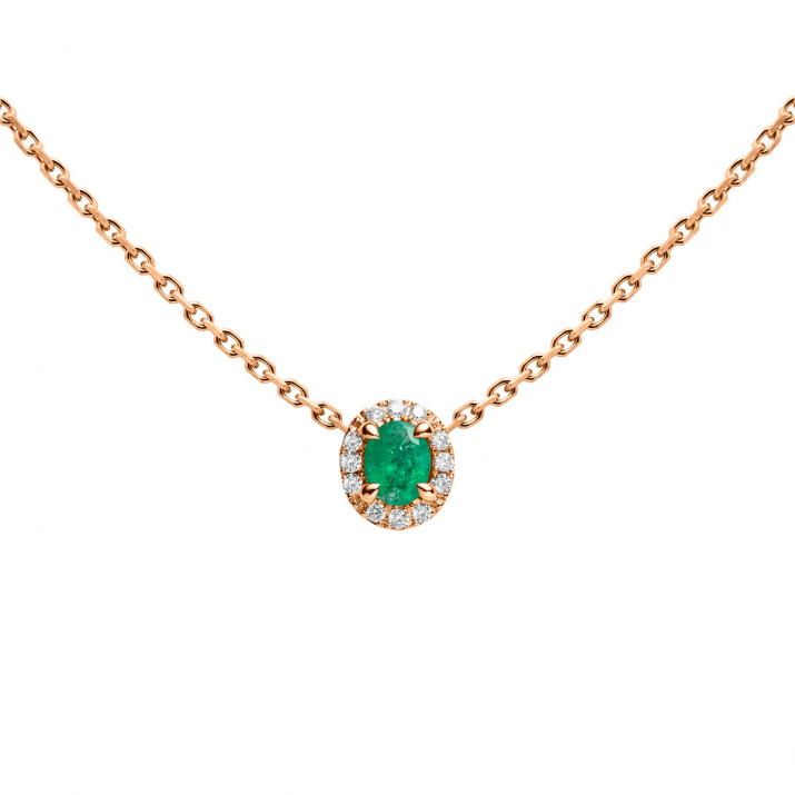 Chain Necklace For Women with 0.07ct Oval Diamond and Emeraldin Rose Gold Prong Setting - Redline - 0++