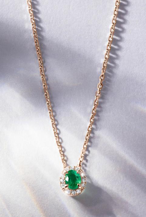 Chain Necklace For Women with 0.07ct Oval Diamond and Emeraldin Rose Gold Prong Setting - Redline - 0++