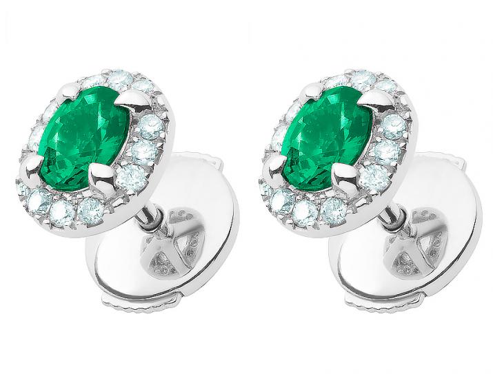 Earrings with 0.11ct Round Diamond and Emerald in White Gold Prong Setting - Redline - 0++