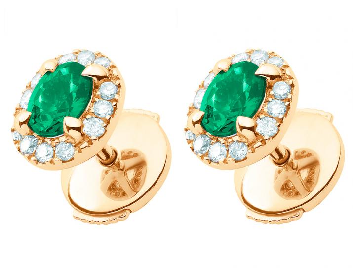 Earrings with 0.11ct Round Diamond and Emerald in Rose Gold Prong Setting - Redline - 0++