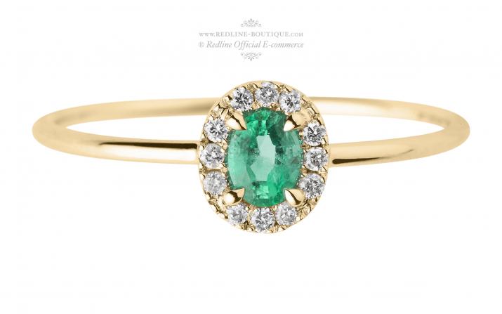 Ring with 0.06ct Oval Diamond and Emerald in Yellow Gold Prong Setting - Redline - 0++