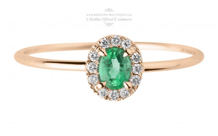 Ring with 0.06ct Oval Diamond and Emerald in Rose Gold Prong Setting - Redline - 0++