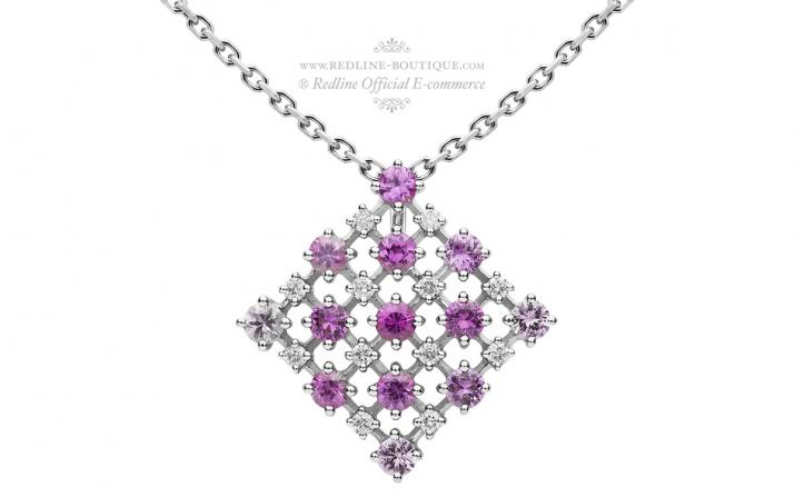 Chain Necklace For Women with 0.18ct Round Diamond and Rose Sapphire in White Gold Prong Setting - Redline