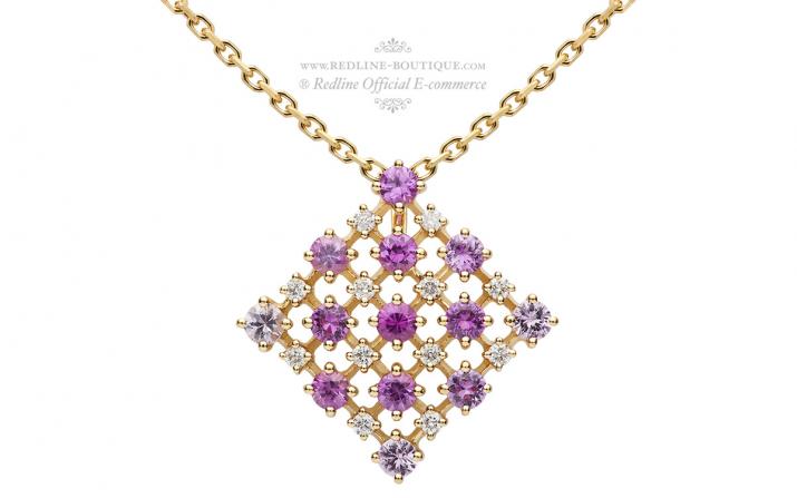 Chain Necklace For Women with 0.18ct Round Diamond and Rose Sapphire in Yellow Gold Prong Setting - Redline