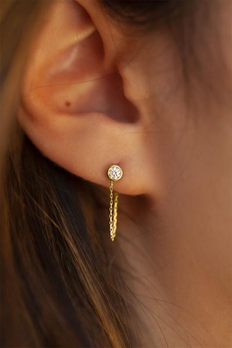 Серьги из желтого золота с чистым бриллиантом и цепочкой - Redline - 0++