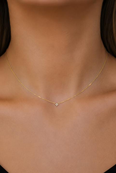 Chain Necklace For Women with 0.04ct Round Diamond in Yellow Gold Prong Setting - Redline - 0++