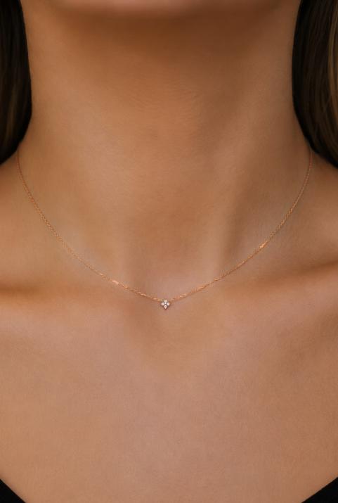 Chain Necklace For Women with 0.04ct Round Diamond in Rose Gold Prong Setting - Redline - 0++