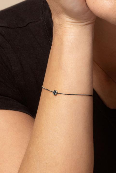 String-Chain Bracelet For Women with 0.10ct Round Black Diamond in Black Gold Bezel Setting - Redline - 0++
