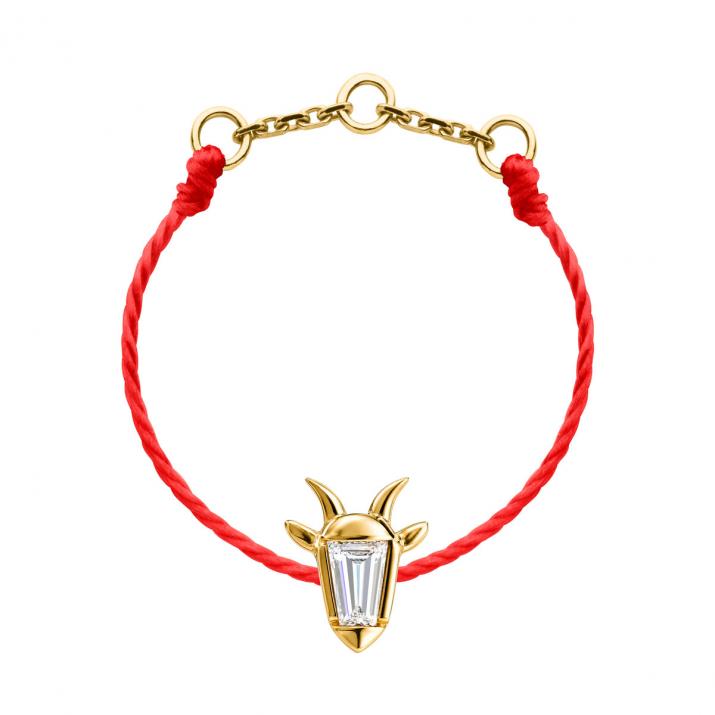 Кольцо на шнуре из жёлтого золота 18K, голова козы и бриллиант «трапеция» 0,04 кт - Redline