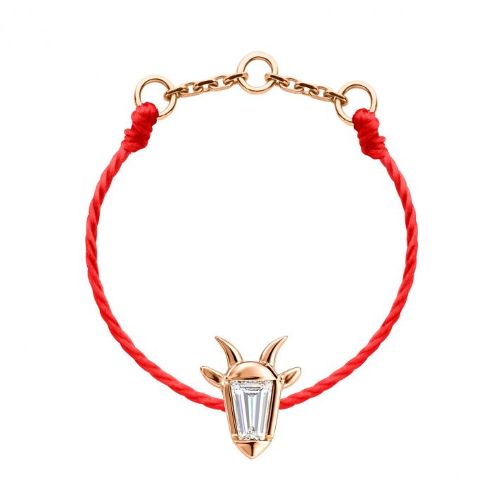 Кольцо на шнуре из розового золота 18K, голова козы и бриллиант «трапеция» 0,04 кт - Redline