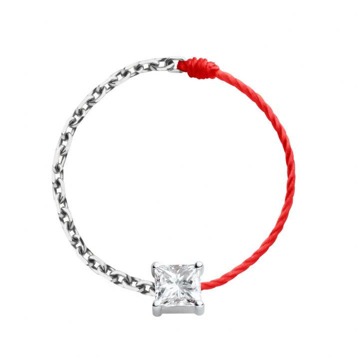 String Ring with 0.11ct Princess Diamond in White Gold Prong Setting - Redline - 0++